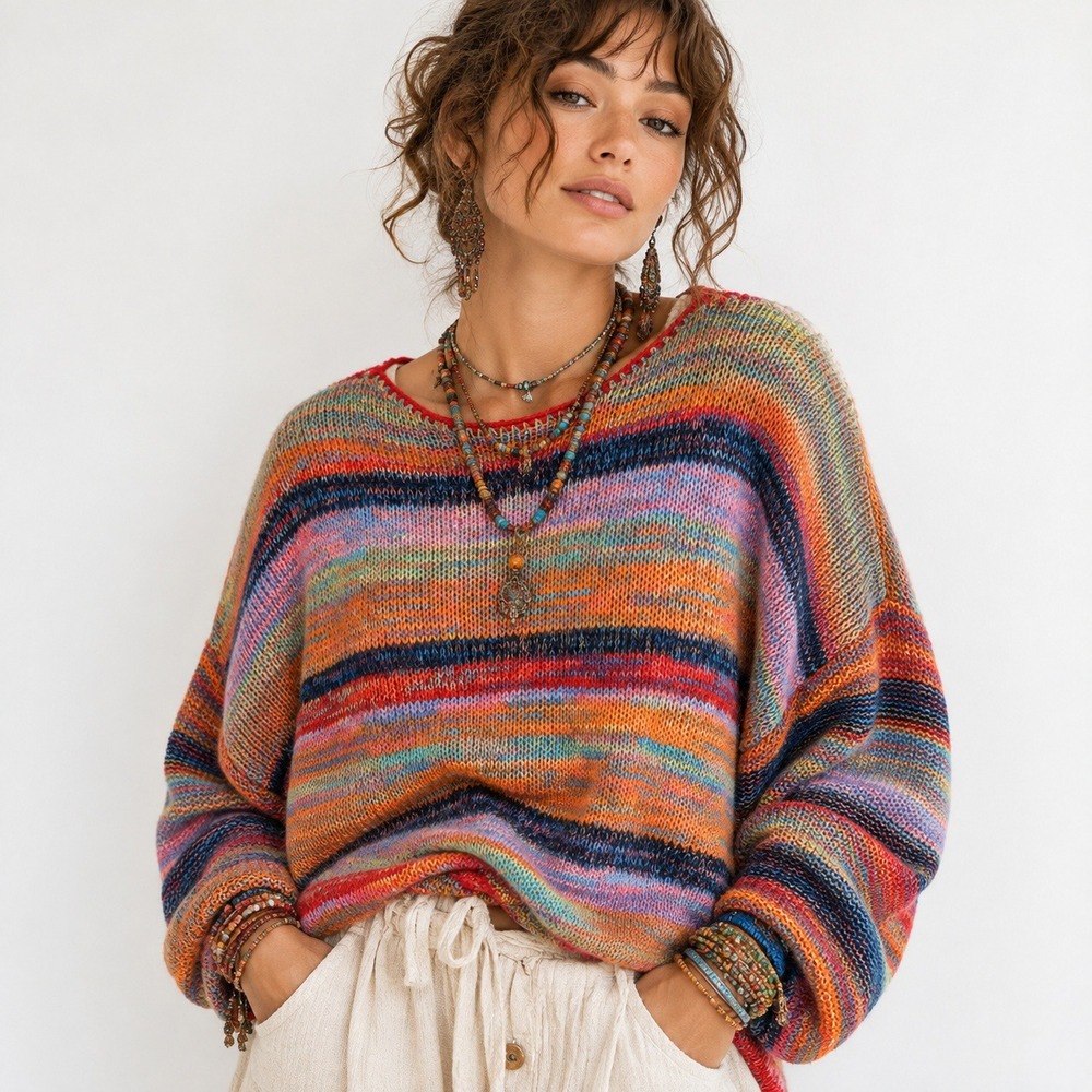 Easel Striped Sweater Womens S Rainbow Oversized Knit Boho Maximalism Artsy Cozy